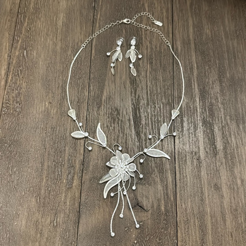 Christina Collection Silver Tone mesh Leaf with Faux Diamonds